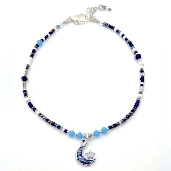 Anklet- Crystal beads and Silver Alloy Enamel moon charm. - Picture 3 of 4